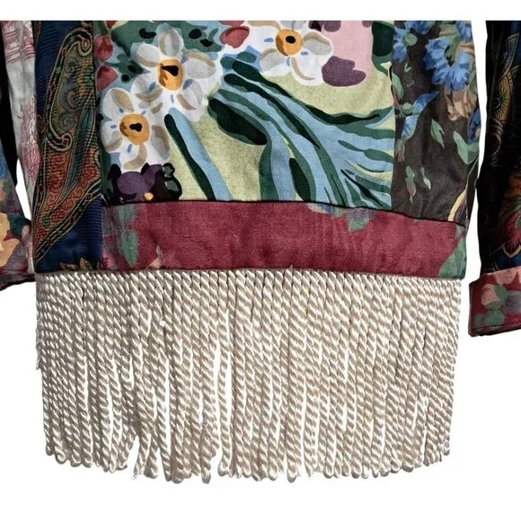 Vintage Boho Patchwork Fringe Floral Kimono Jacket Multicolor Artsy Toile Paisle - Picture 7 of 11